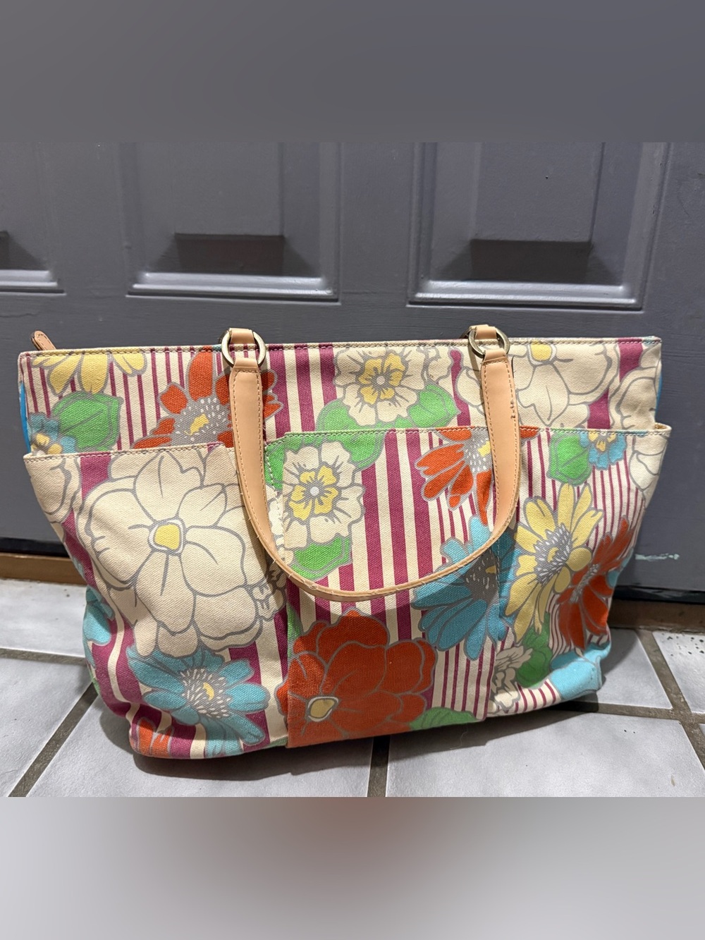 Vintage Y2K Tommy Hilfiger-Floral Stripe Canvas Tote Bag in Multicolor